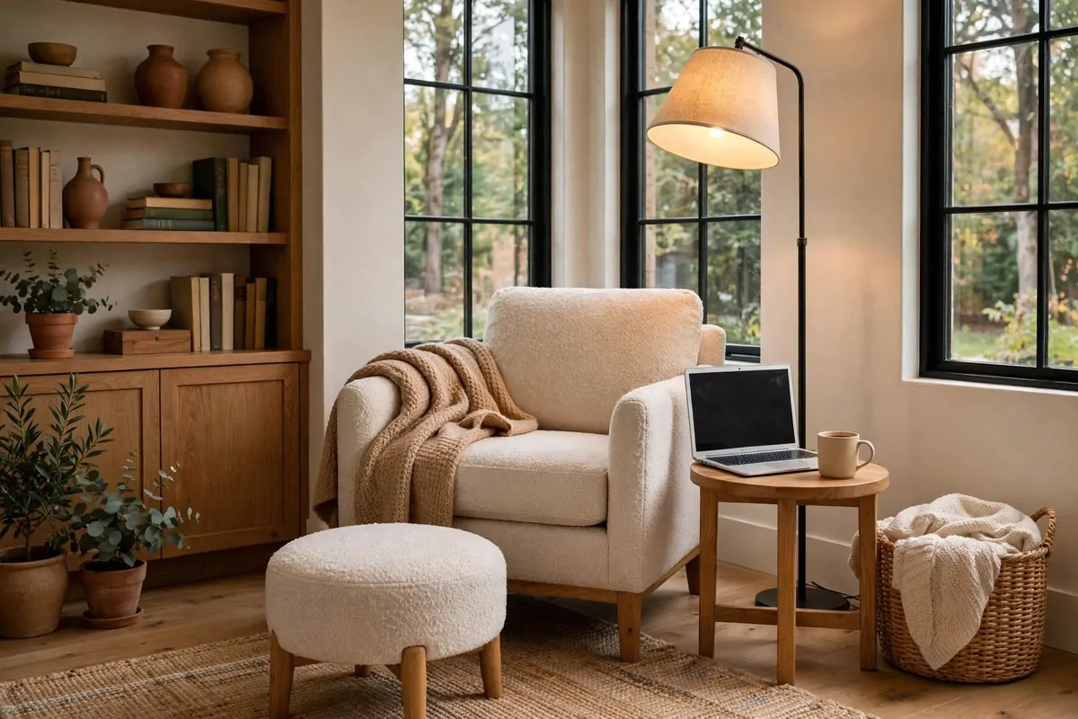 Reading armchair corner office with a small side table, floor lamp and laptop, soft throw blanket in warm light