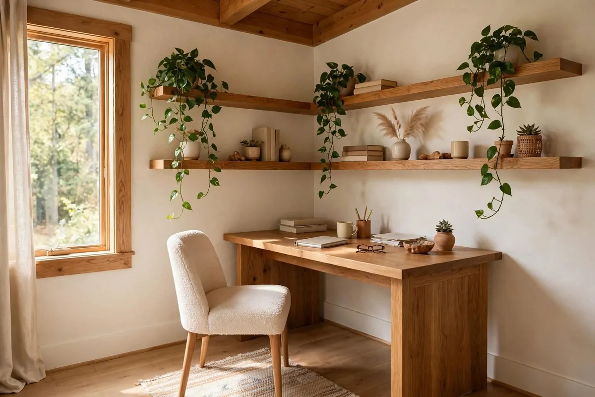 Corner office with warm wooden desk and wooden floating shelves, oak tones and a small green plant in soft light