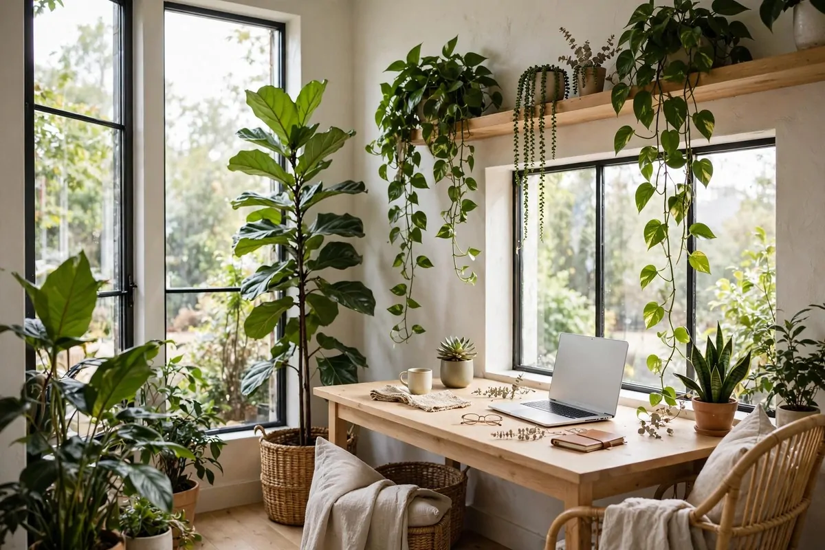 Corner office surrounded by houseplants of different sizes, a small desk with a laptop and hanging planters in bright natural light