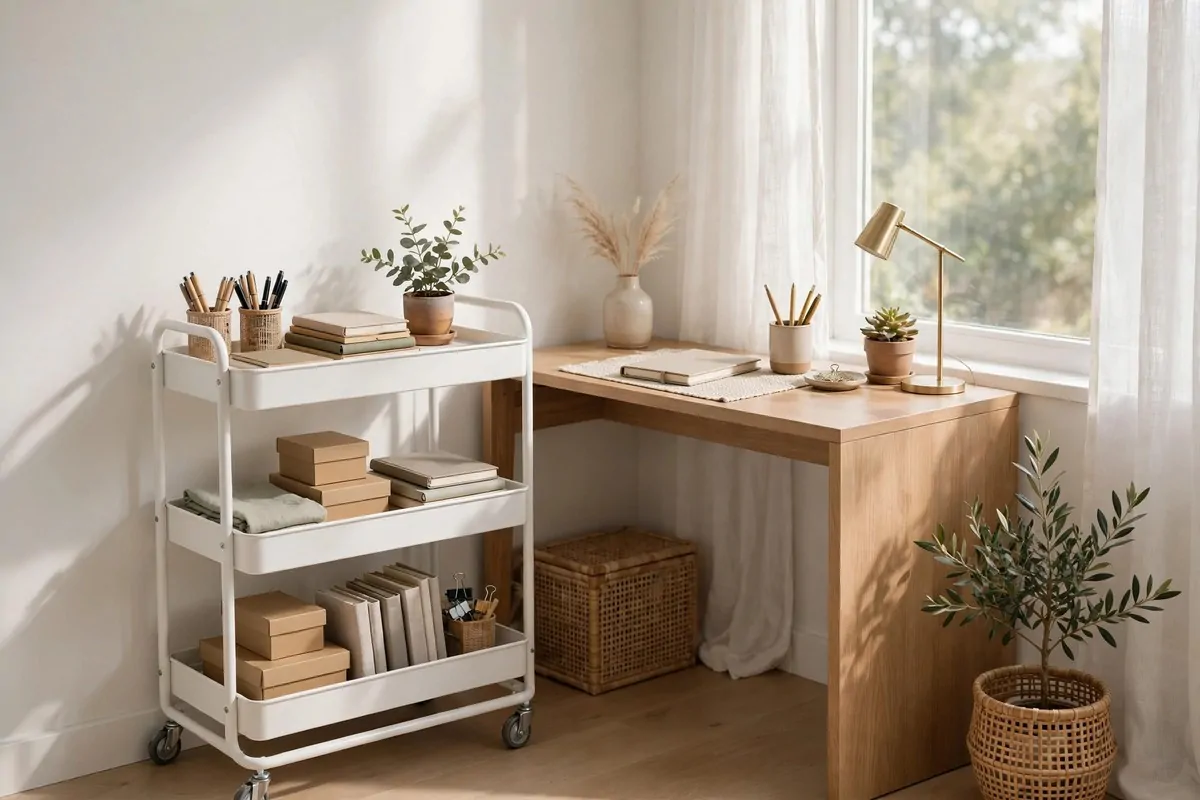 Corner office with a three-tier rolling cart holding office supplies beside a compact desk, tidy and bright