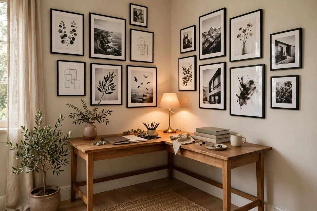 Corner office desk below a gallery wall of framed prints and photos, warm lamp light and a small vase
