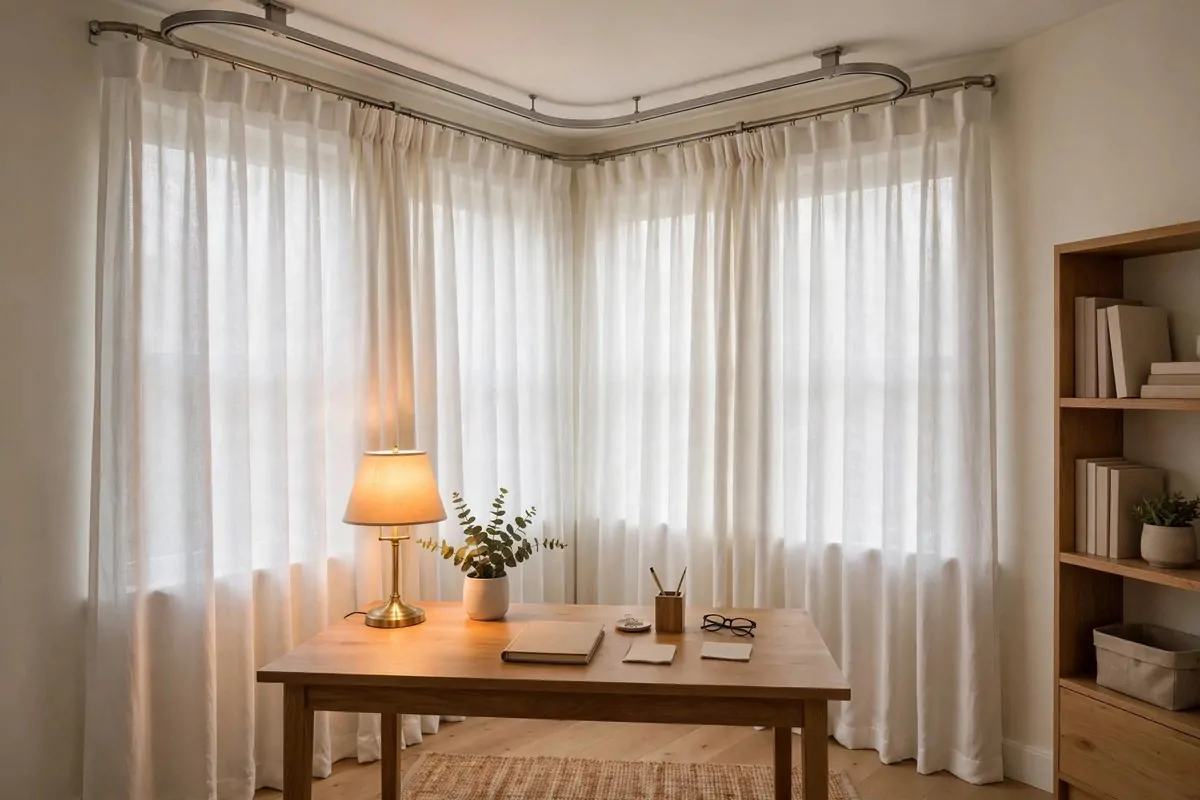 Corner office with a ceiling-mounted curtain pulled half closed for video calls, a neat desk and a soft glowing lamp behind