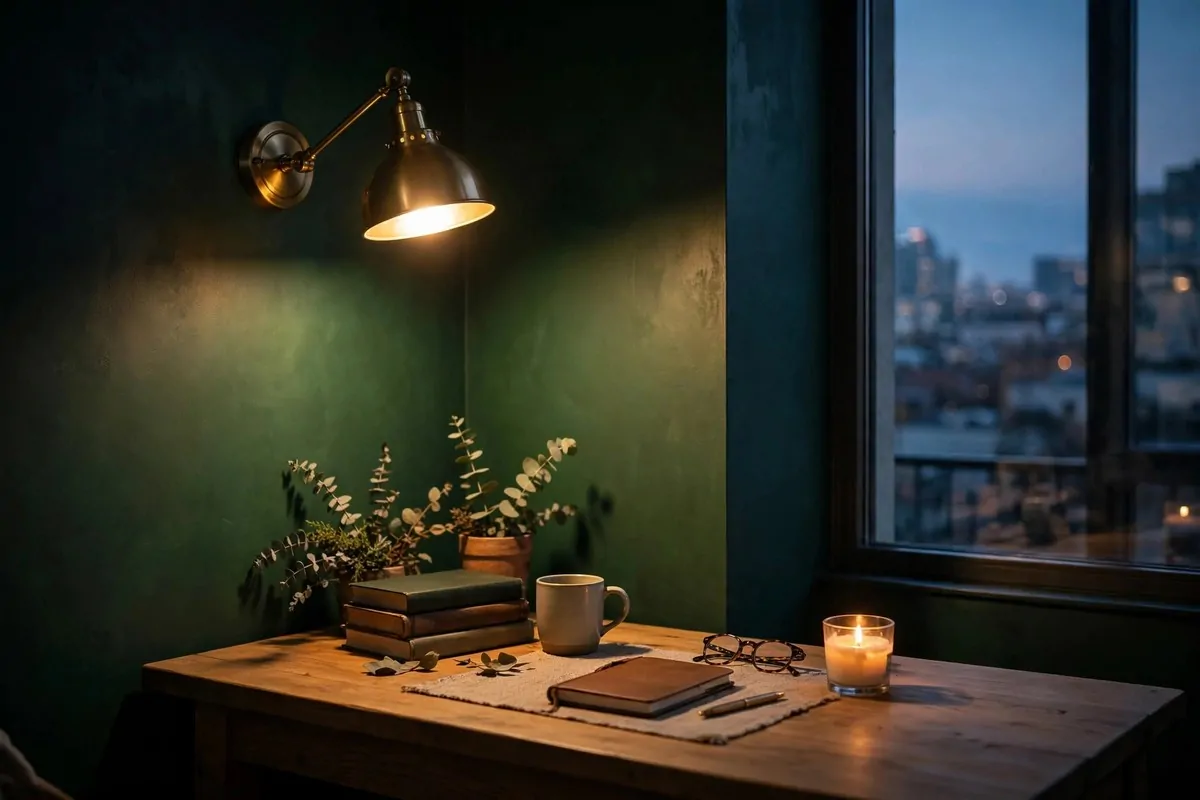 Corner office at dusk lit by a warm brass wall sconce above the desk, deep shadows and a glowing lamp creating a cozy evening mood