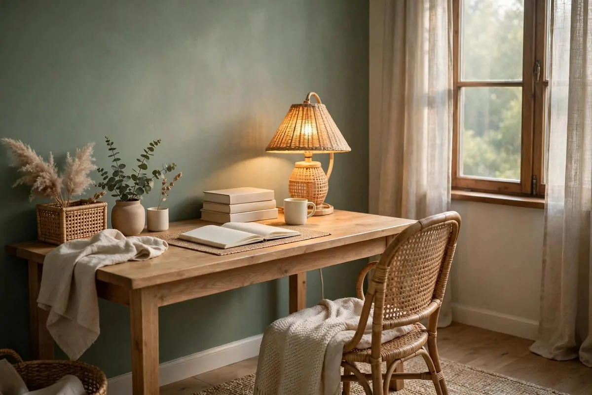 A cozy home office with a sage green wall, wooden desk, rattan chair, warm lamp glow, soft textures, calm morning light, aesthetic and pretty