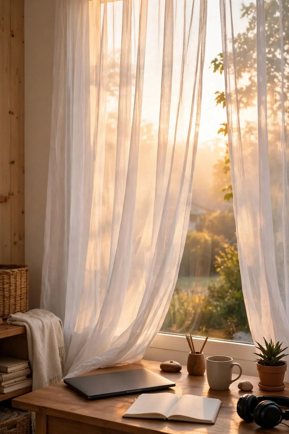 Sheer white curtains glowing in sunrise light in a cozy home office, wooden desk