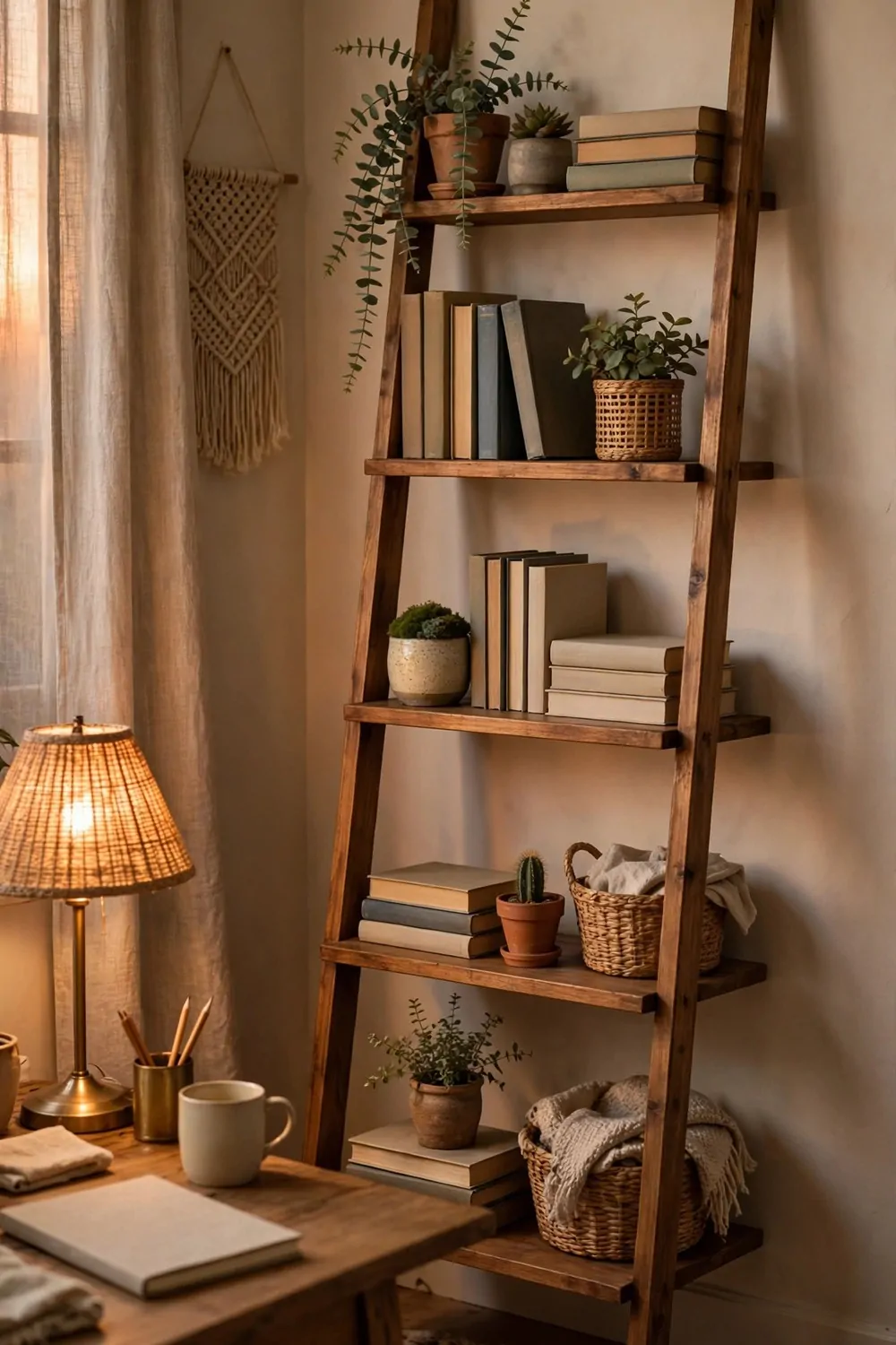 A wooden ladder shelf with small plants and books in a cozy home office, warm light