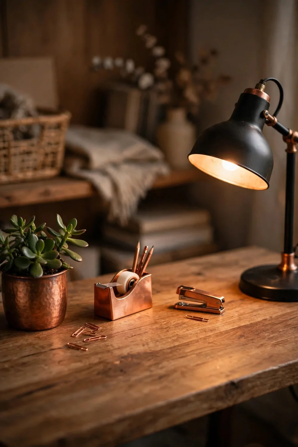 Small copper touches on a wooden desk in a cozy home office, warm lamp glow