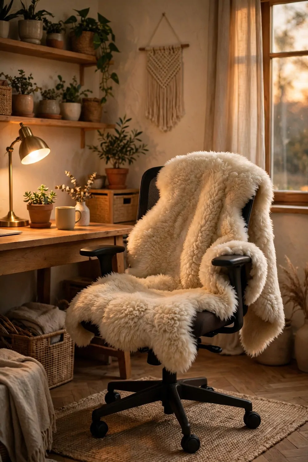 A soft sheepskin draped over an office chair in a cozy home office, warm light