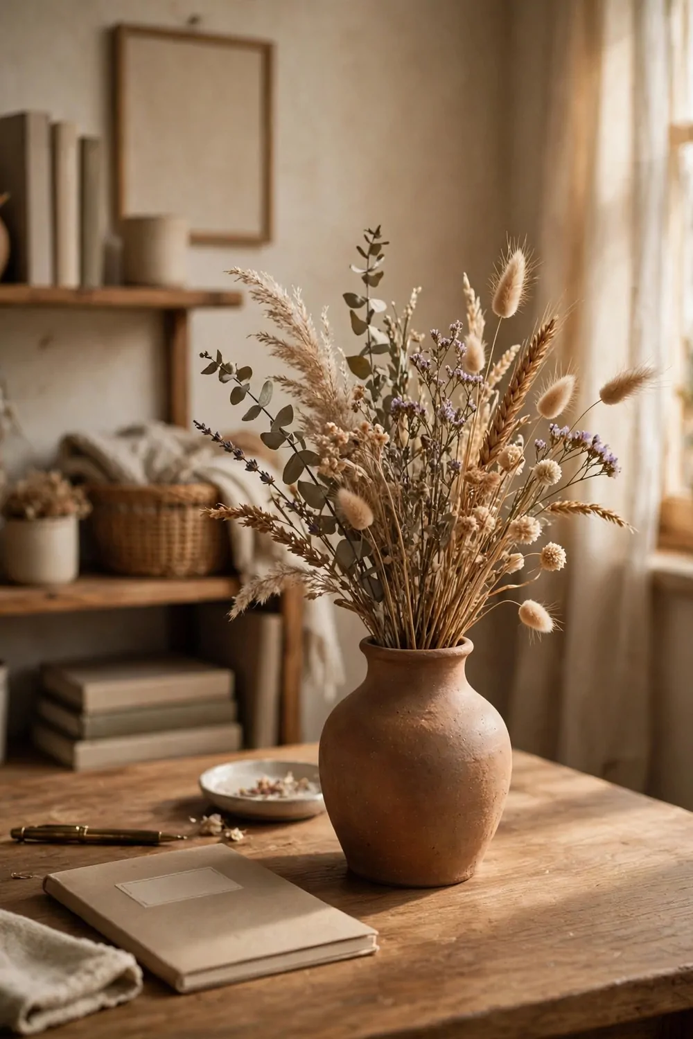 Dried flowers in a clay vase on a wooden desk in a cozy home office, warm light