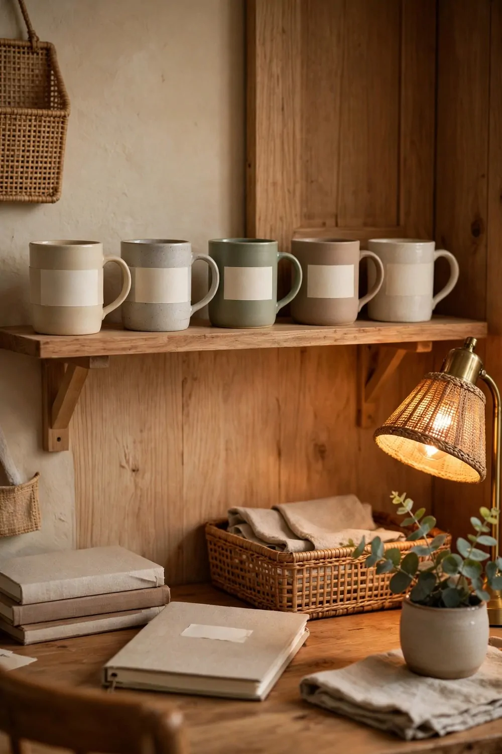 Ceramic mugs on display on a wooden shelf in a cozy home office, warm light