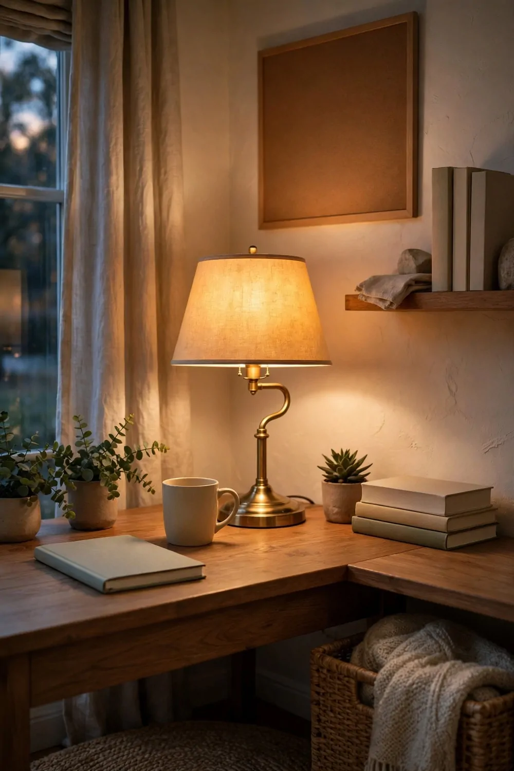 A warm reading lamp glowing in a cozy home office corner, soft evening light