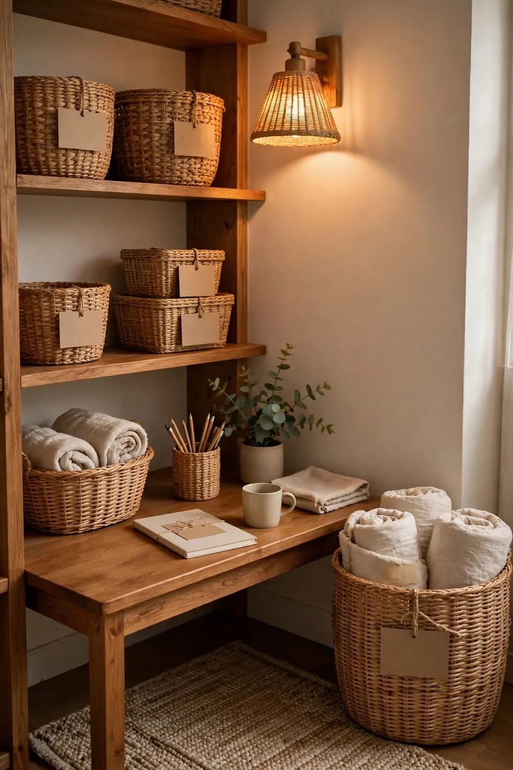 Woven baskets in a cozy home office corner, warm light, tidy and calm