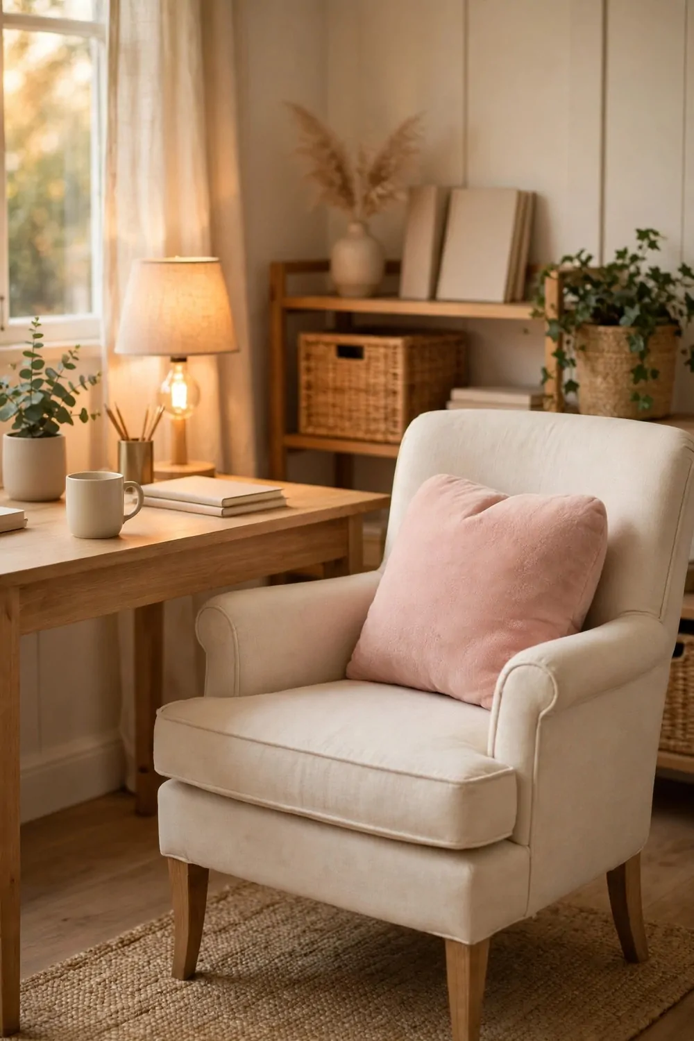 A blush pink cushion on a cream chair in a cozy home office, warm light