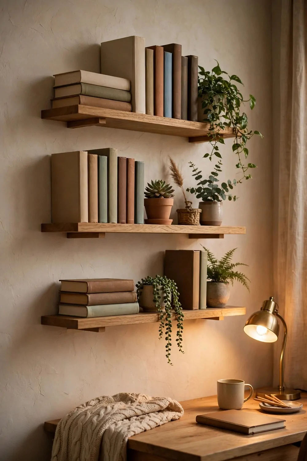 Floating wooden shelves with books and plants in a cozy home office, warm light