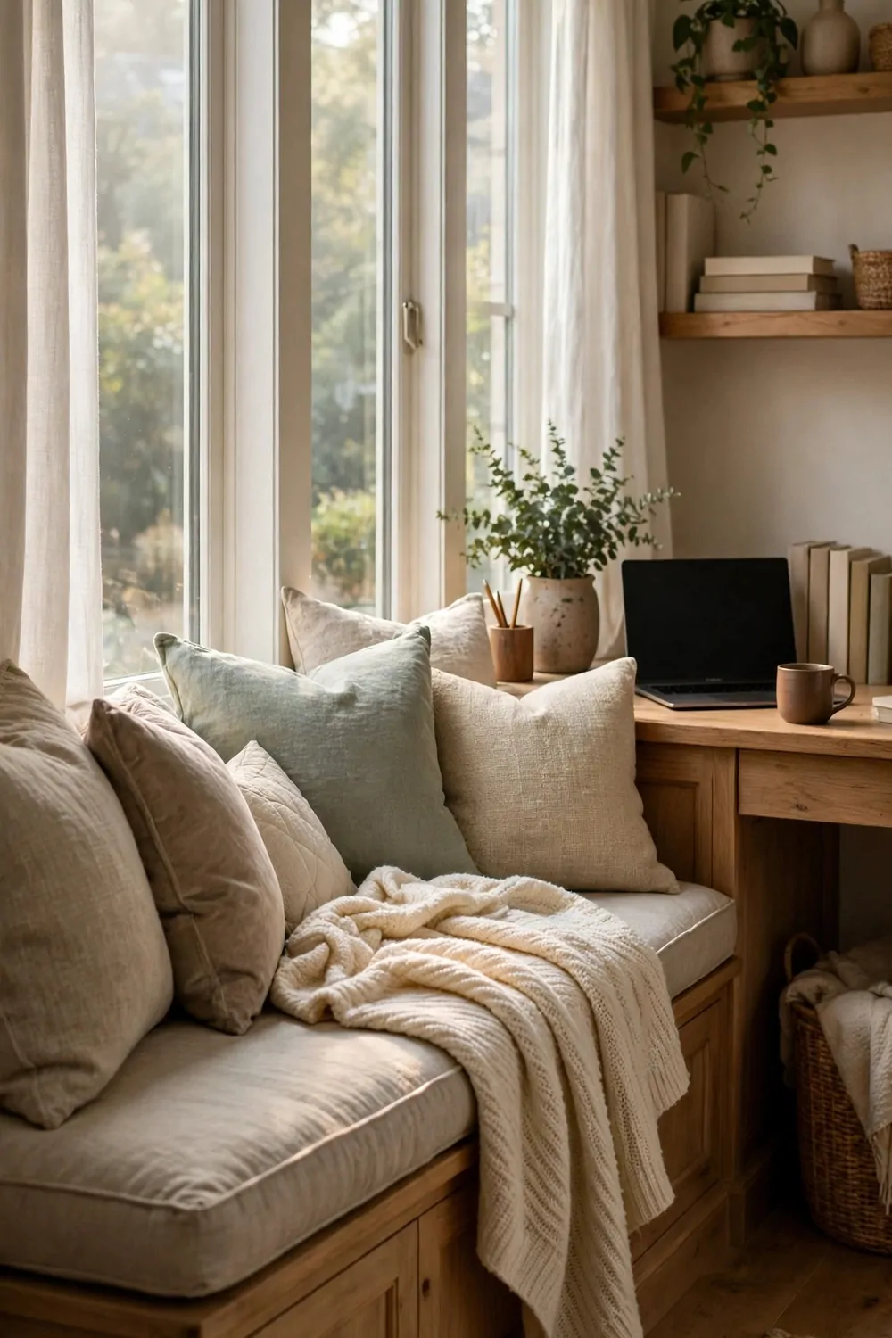 A cozy window seat with cushions and a blanket in a home office, soft morning light