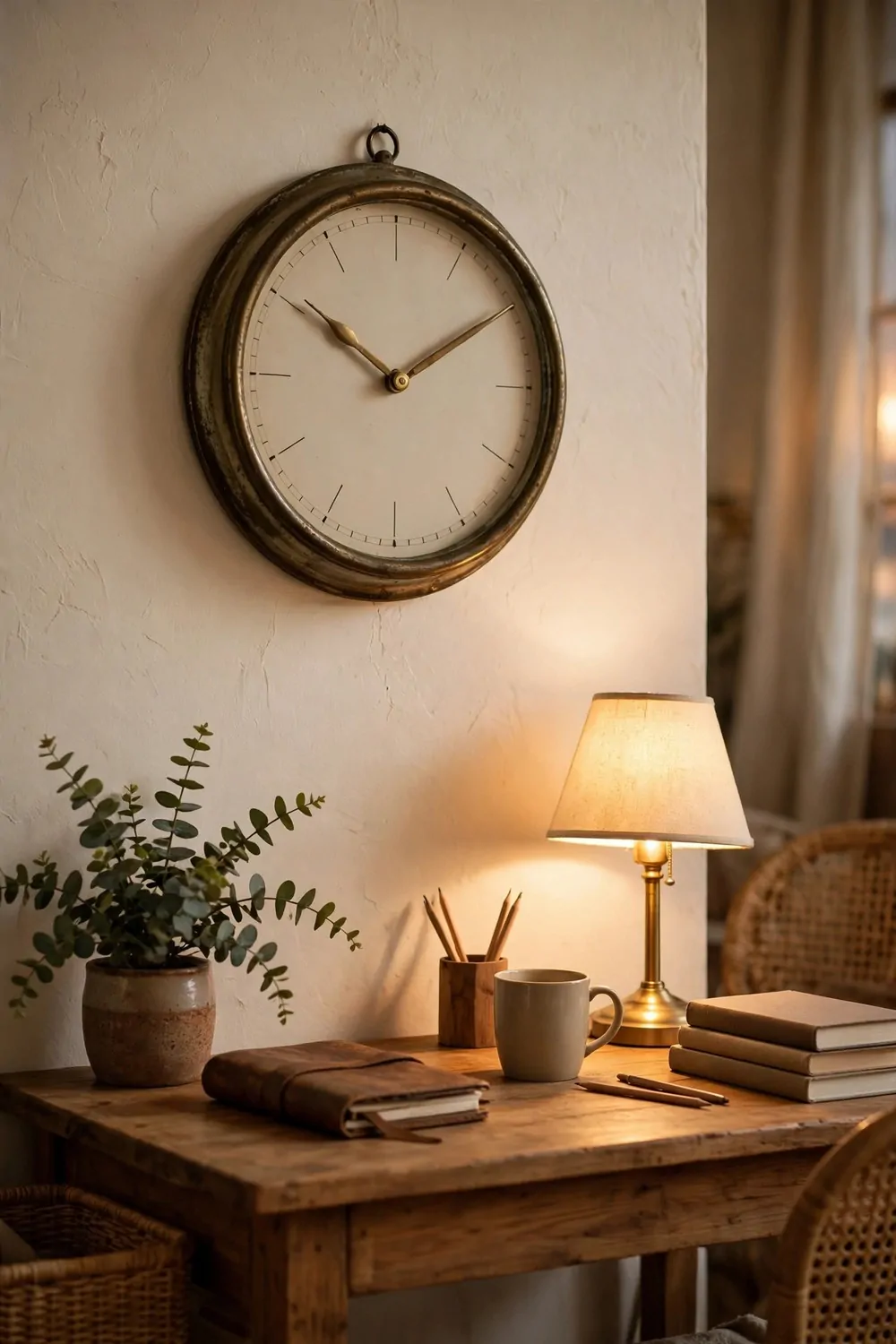 An old round clock on a cream wall above a wooden desk in a cozy home office, warm light