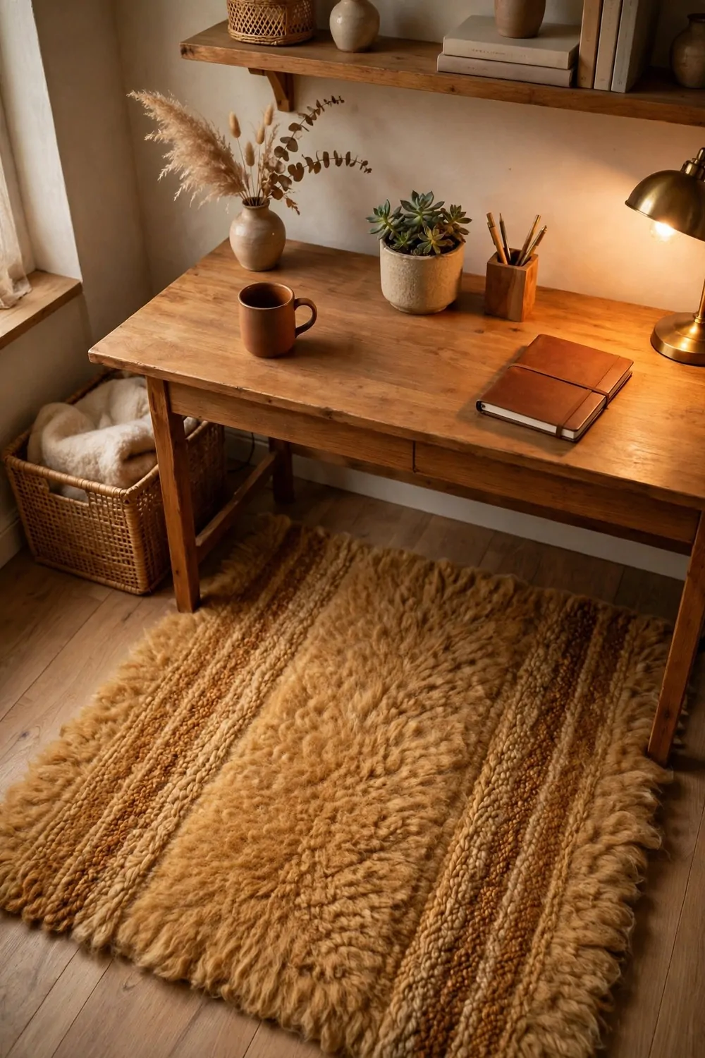 A wool rug in warm honey tones under a wooden desk in a cozy home office, warm light
