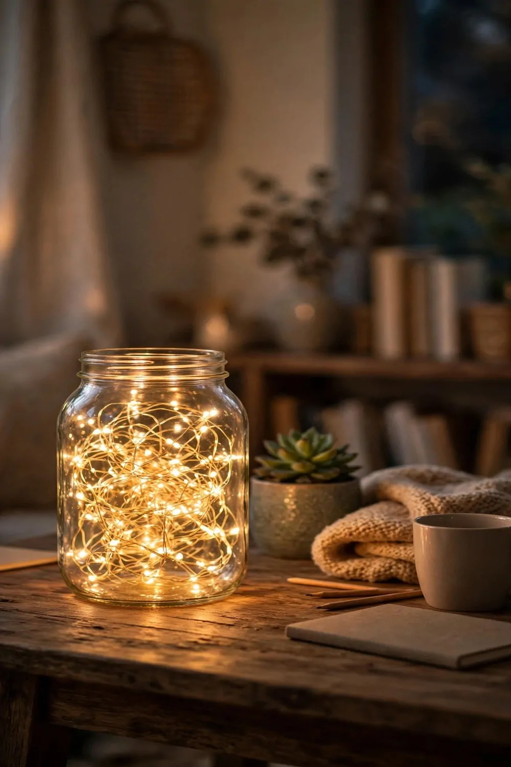 A glass jar full of warm fairy lights on a wooden desk in a cozy home office, soft glow