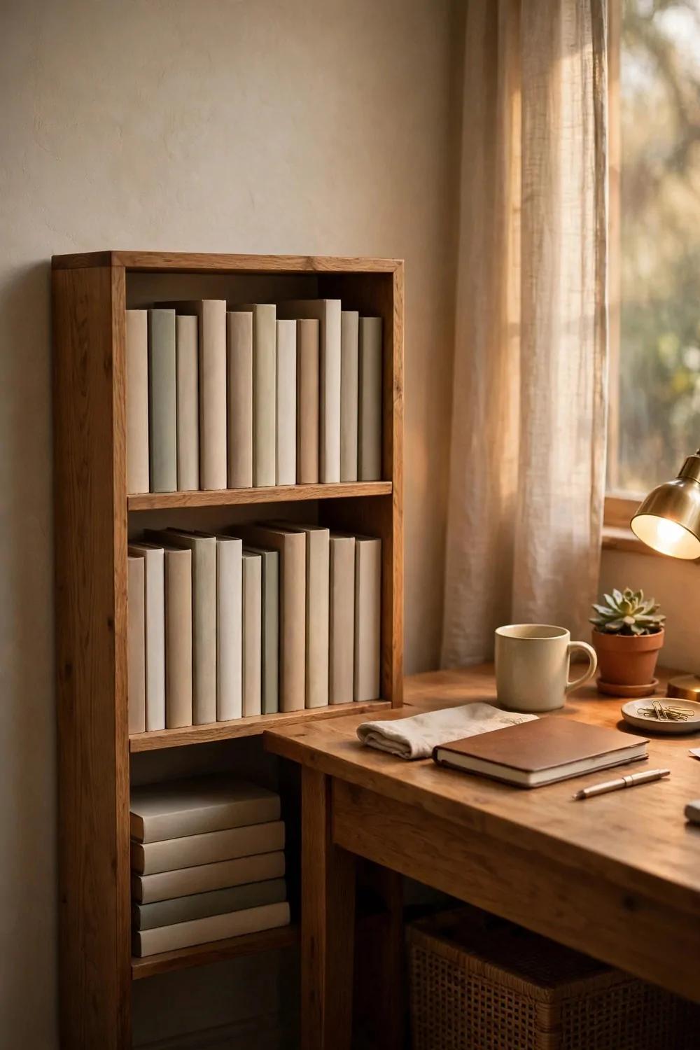 A small bookshelf of calm books beside a wooden desk in a cozy home office, warm light