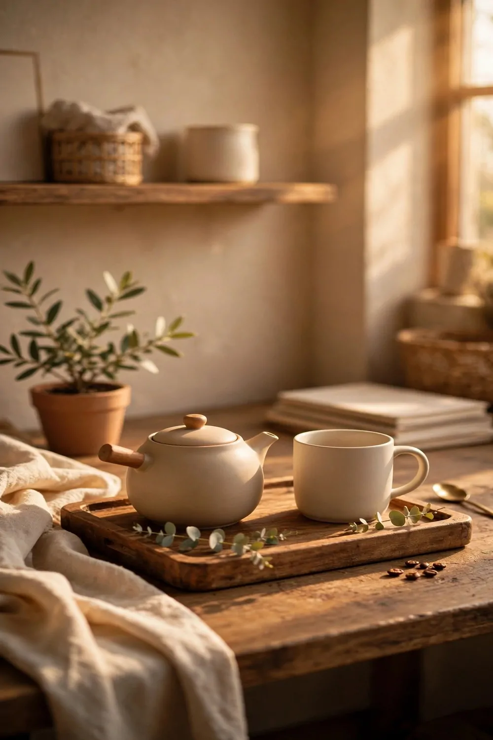 A small coffee corner with a mug and teapot on a wooden tray in a cozy home office, warm light