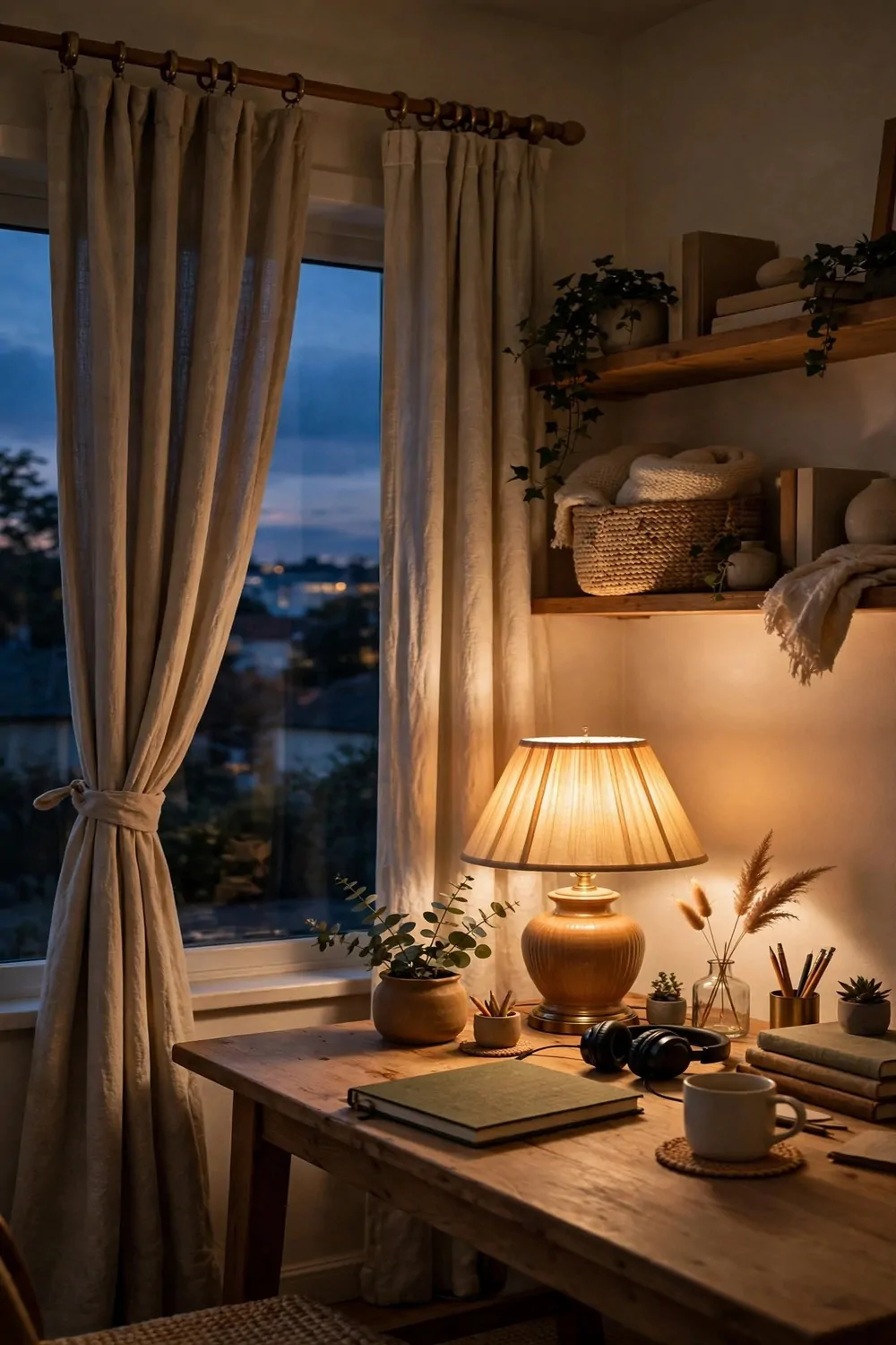 A cozy home office at dusk, warm lamp glowing, curtains half closed, calm and soft