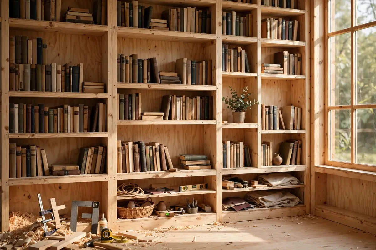 19 DIY Home Library Projects That Look Custom-Built 1 Handmade pine plywood floor-to-ceiling bookshelves filled with books