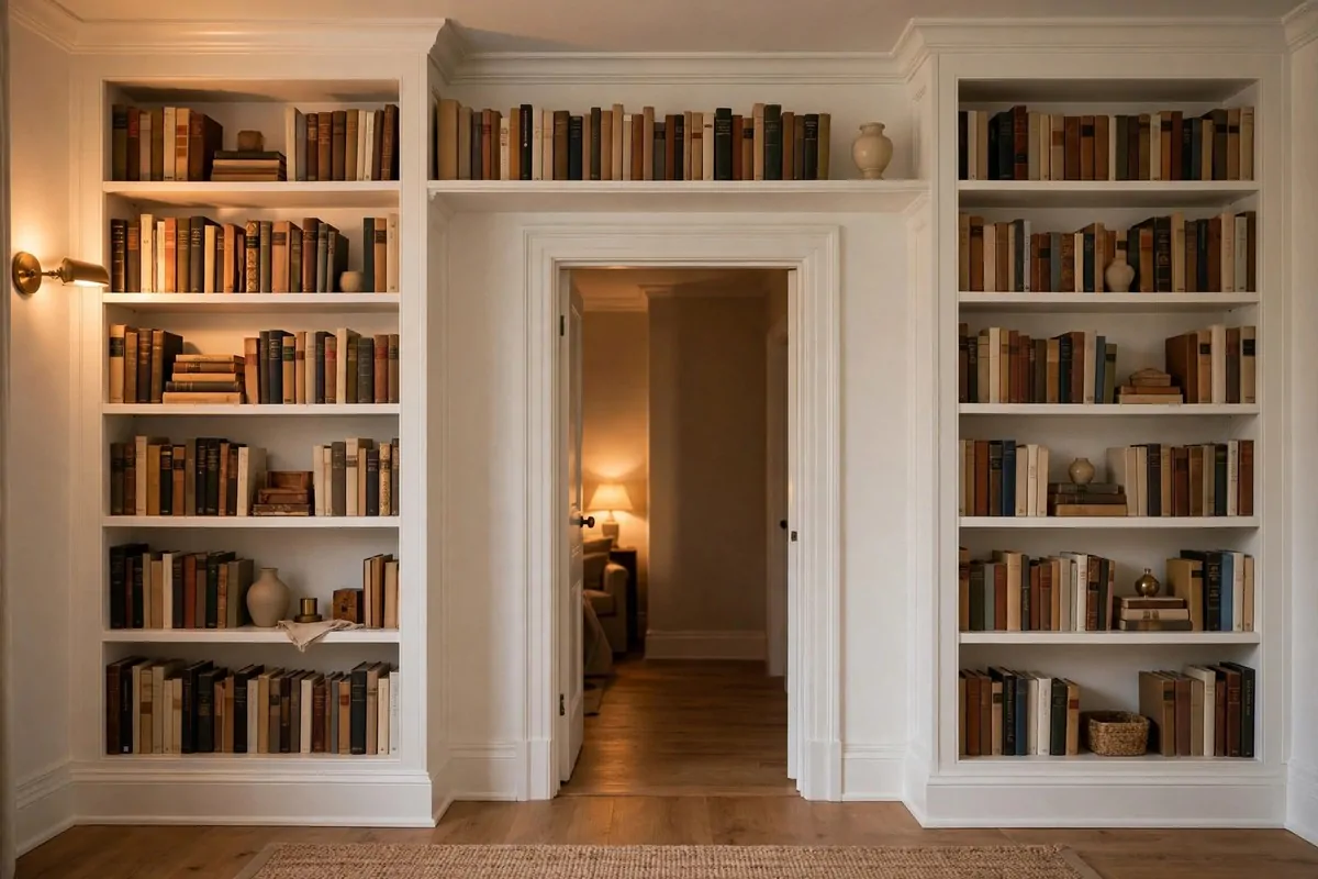 19 DIY Home Library Projects That Look Custom-Built 2 Doorway framed by bookshelves with a bridge shelf above the door