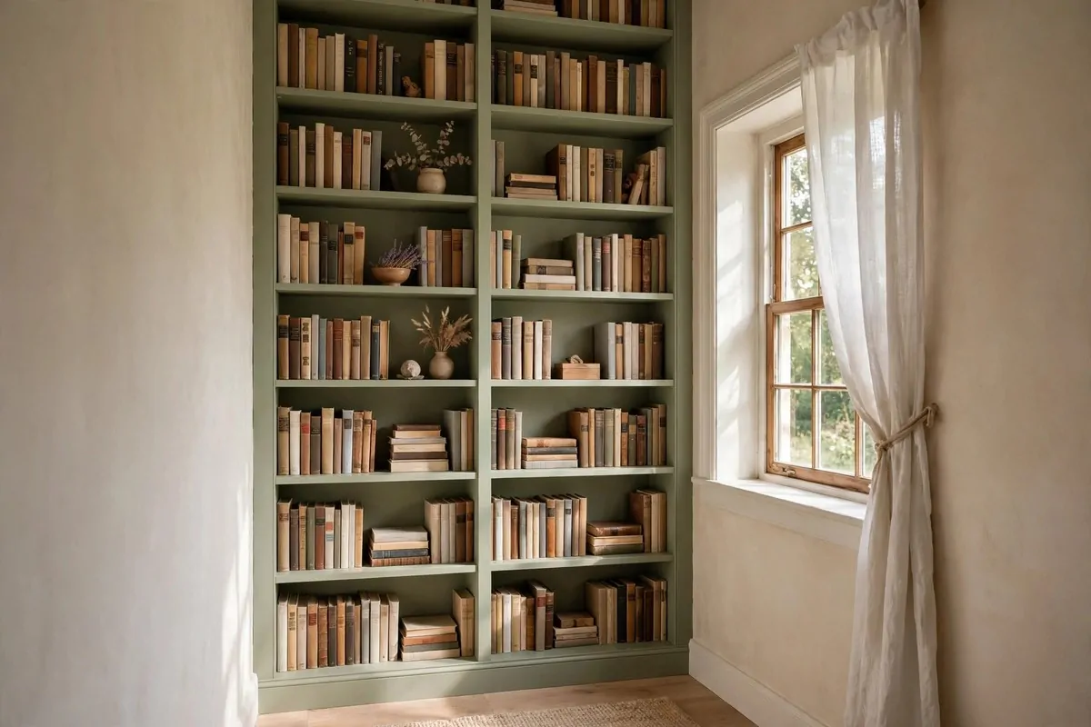 19 DIY Home Library Projects That Look Custom-Built 3 Sage green bookshelves built to fit an alcove exactly