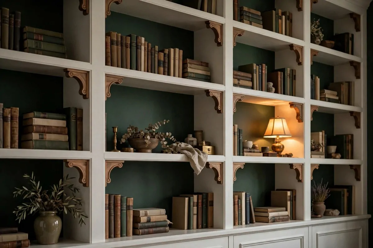 19 DIY Home Library Projects That Look Custom-Built 4 White bookshelves with curved corbels faking arched openings