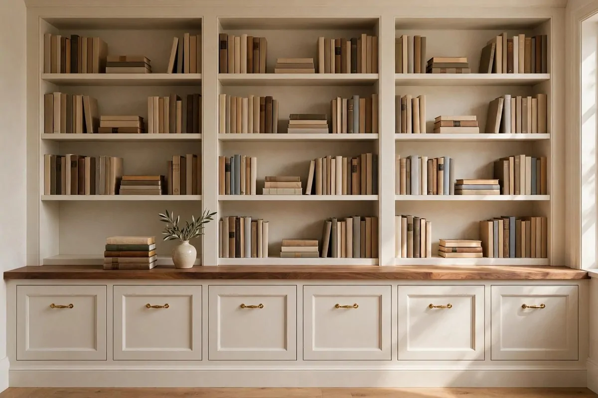 19 DIY Home Library Projects That Look Custom-Built 5 Low drawer cabinets topped with tall white bookshelves