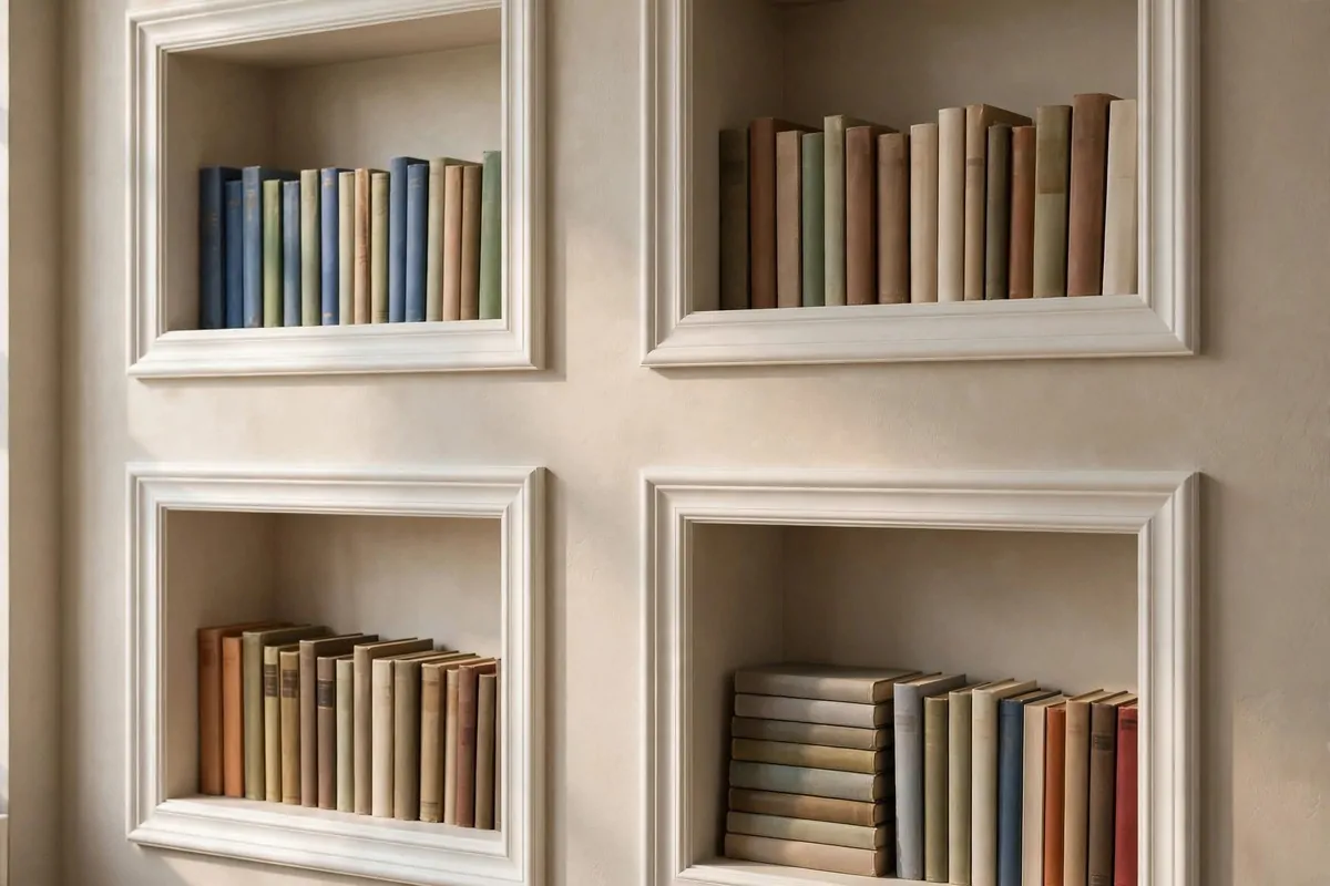19 DIY Home Library Projects That Look Custom-Built 6 Shallow recessed bookshelves cut between wall studs with white trim