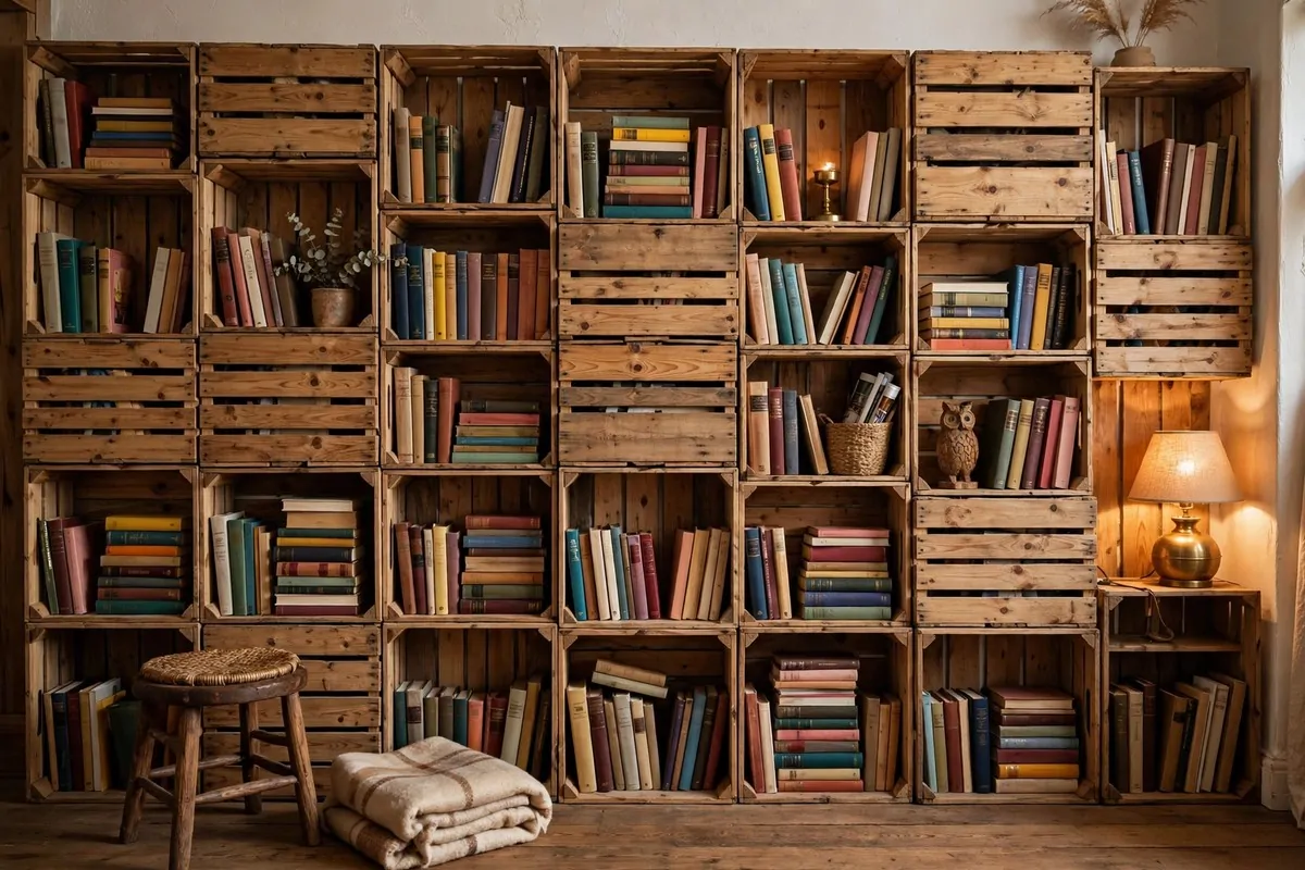19 DIY Home Library Projects That Look Custom-Built 7 Wall of stacked wooden crates used as bookcases
