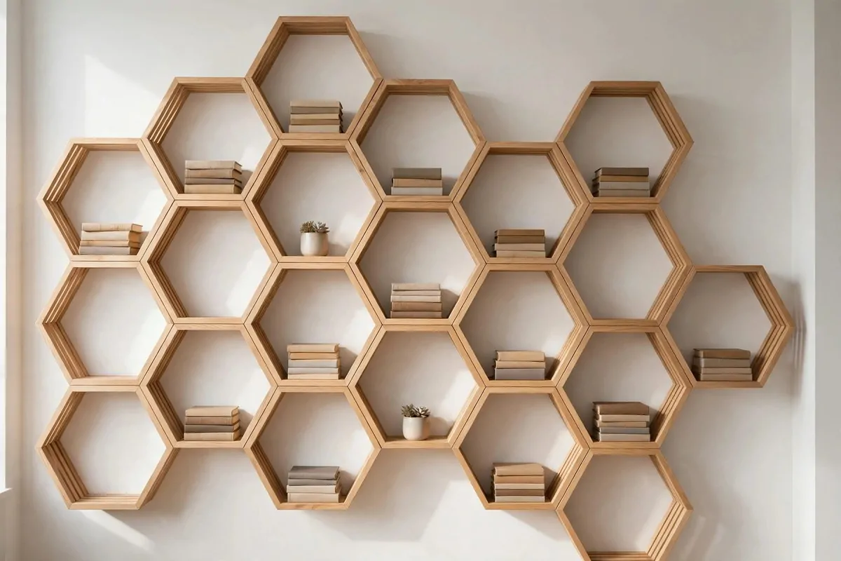 19 DIY Home Library Projects That Look Custom-Built 8 Honeycomb hexagon wood shelves with books on a white wall
