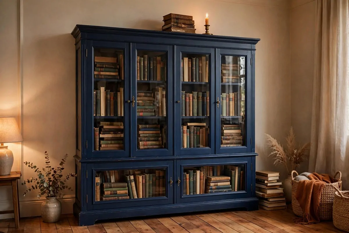 19 DIY Home Library Projects That Look Custom-Built 9 Vintage navy china cabinet with glass doors converted into a bookcase