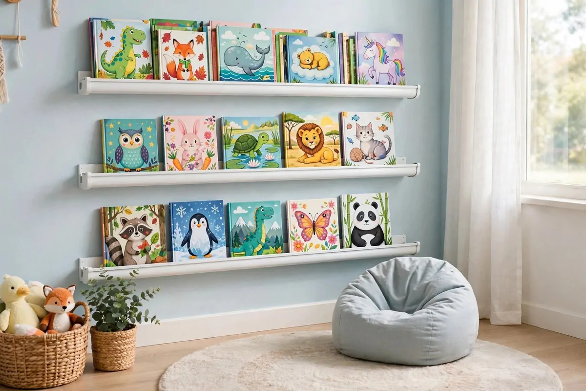 19 DIY Home Library Projects That Look Custom-Built 10 White rain gutter shelves holding kids picture books on a blue wall