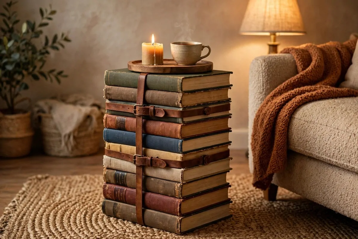 19 DIY Home Library Projects That Look Custom-Built 11 Side table made from a stack of books with leather straps