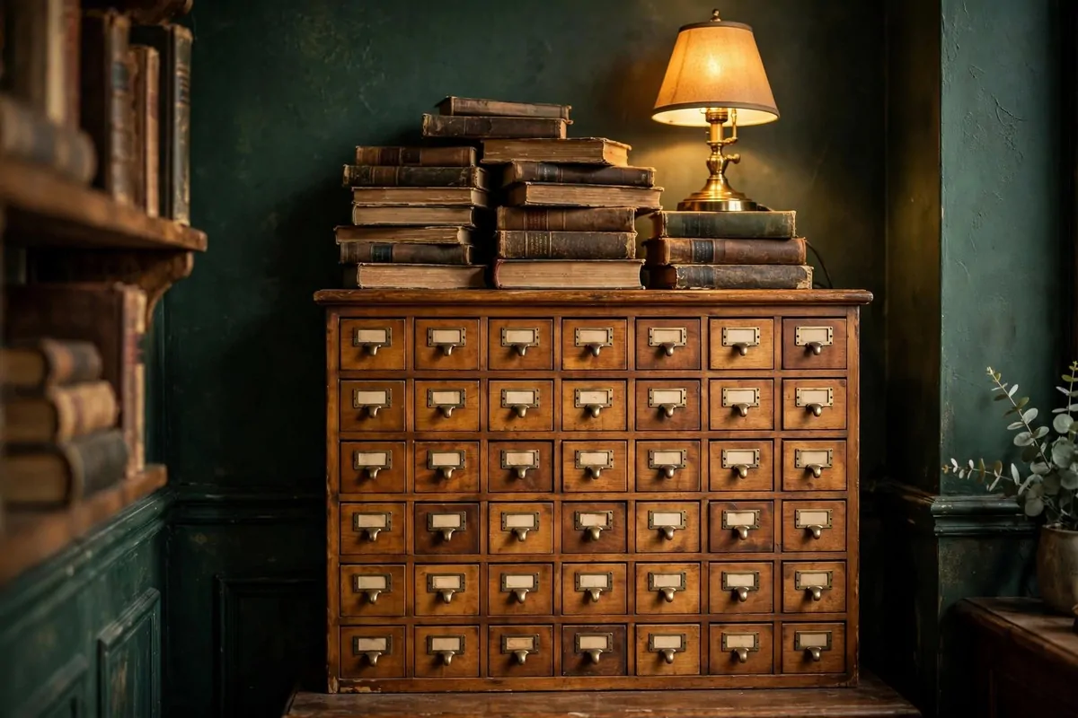 19 DIY Home Library Projects That Look Custom-Built 12 Small wooden card-catalog style drawer cabinet with brass pulls