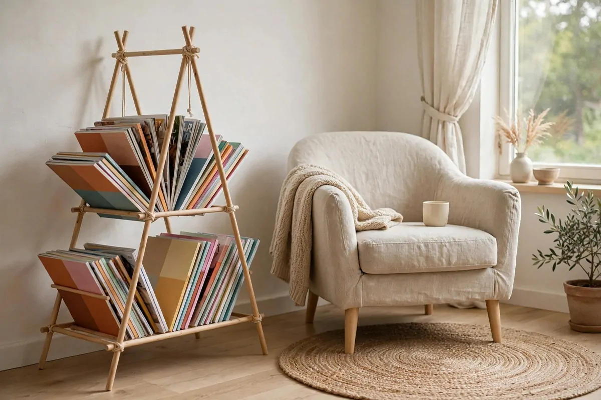 19 DIY Home Library Projects That Look Custom-Built 13 A-frame wooden dowel magazine rack beside a chair