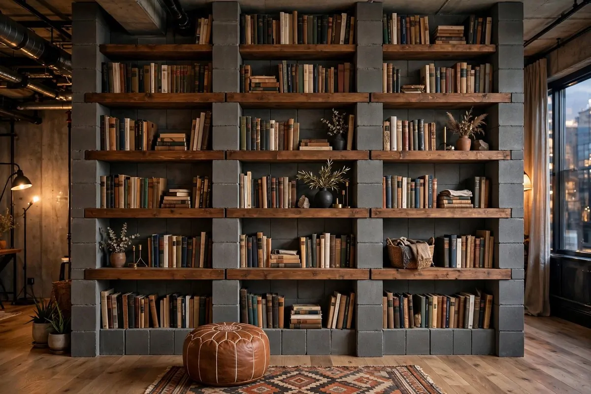 19 DIY Home Library Projects That Look Custom-Built 14 Bookshelves built from concrete blocks and wood boards