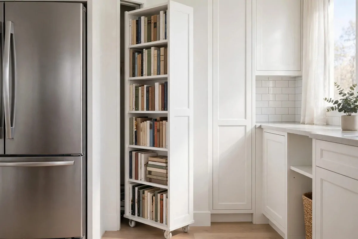 19 DIY Home Library Projects That Look Custom-Built 15 Narrow white pull-out bookshelf tower in the gap beside a fridge