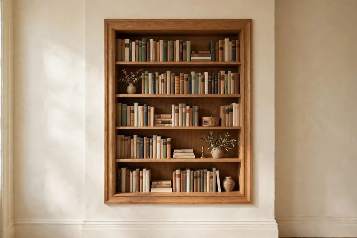 19 DIY Home Library Projects That Look Custom-Built 16 Old TV niche converted into fitted oak bookshelves