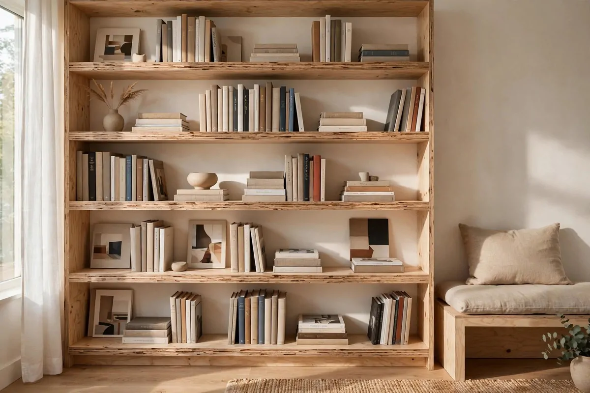19 DIY Home Library Projects That Look Custom-Built 17 Modern birch plywood bookcase showing layered edges