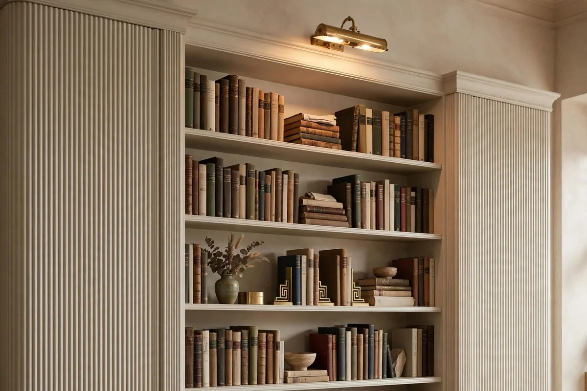 19 DIY Home Library Projects That Look Custom-Built 18 Bookcase wrapped in fluted ribbed trim with books
