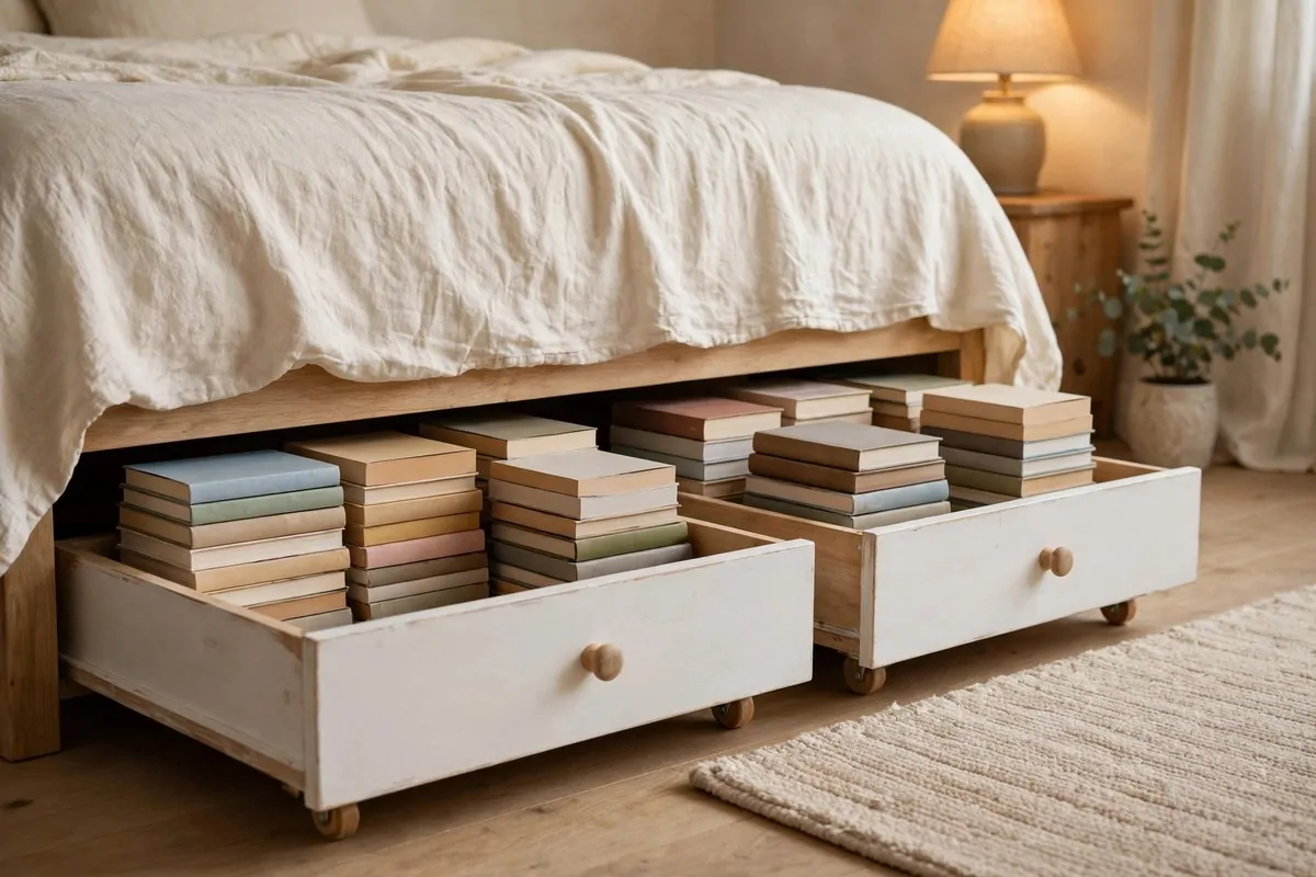 19 DIY Home Library Projects That Look Custom-Built 19 White rolling drawers full of books pulled out from under a bed