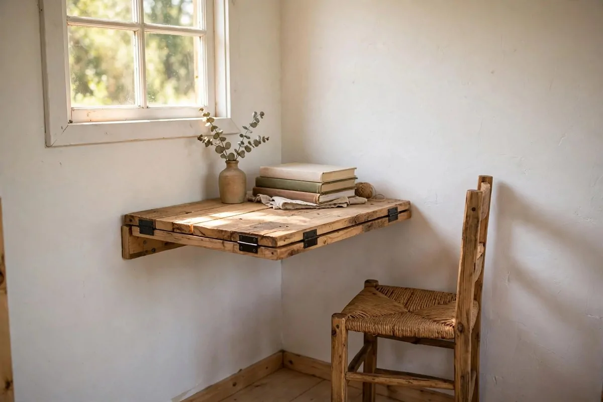 19 DIY Tiny Home Ideas You Can Start This Year 1 Wooden drop-leaf table folded down as a wall shelf in a tiny dining nook