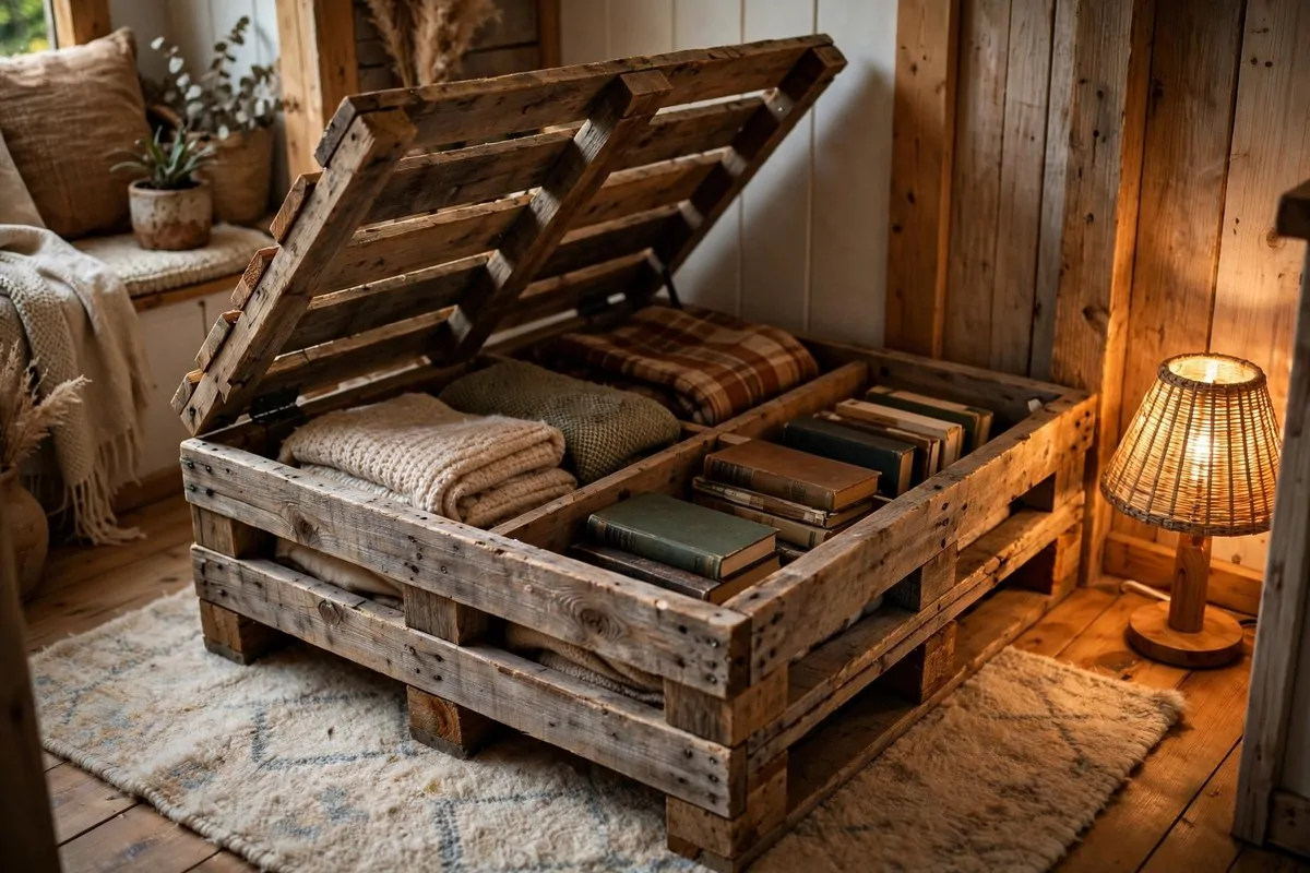 19 DIY Tiny Home Ideas You Can Start This Year 2 Rustic pallet coffee table with hidden storage compartments open