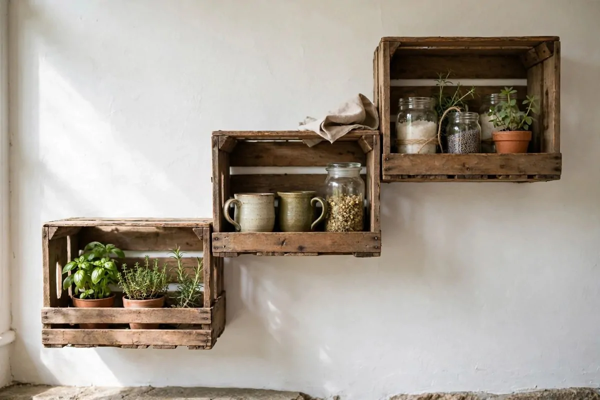 19 DIY Tiny Home Ideas You Can Start This Year 3 Wooden crates mounted on a wall as staggered open shelves with herbs and mugs