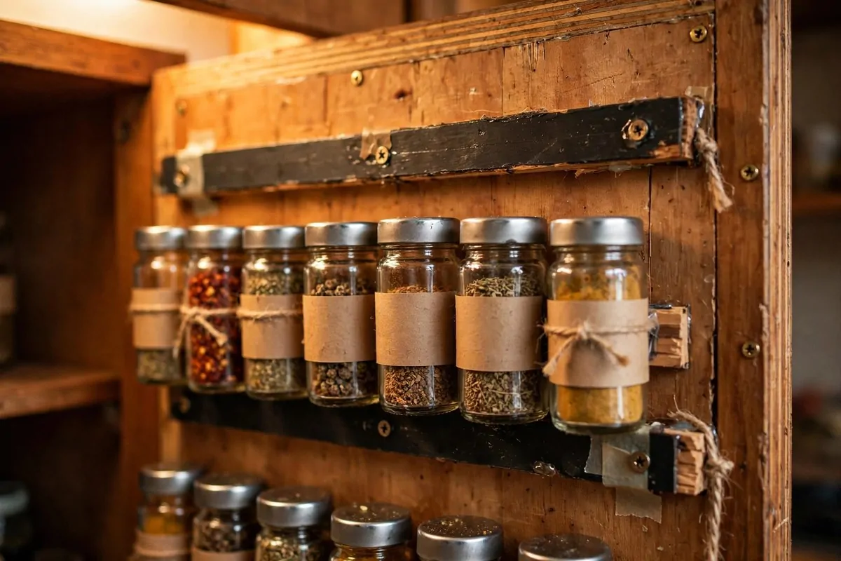 19 DIY Tiny Home Ideas You Can Start This Year 4 Small glass spice jars on magnetic strips inside a kitchen cabinet door