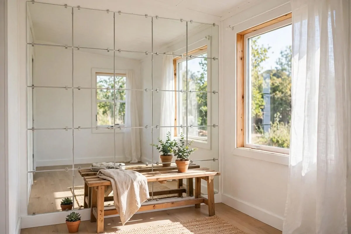 19 DIY Tiny Home Ideas You Can Start This Year 5 Mirrored wall panels reflecting window light in a small living room