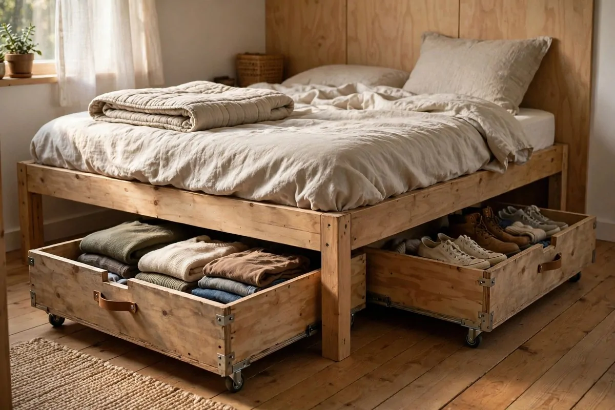 19 DIY Tiny Home Ideas You Can Start This Year 6 Wooden storage drawers on wheels pulled out from under a bed
